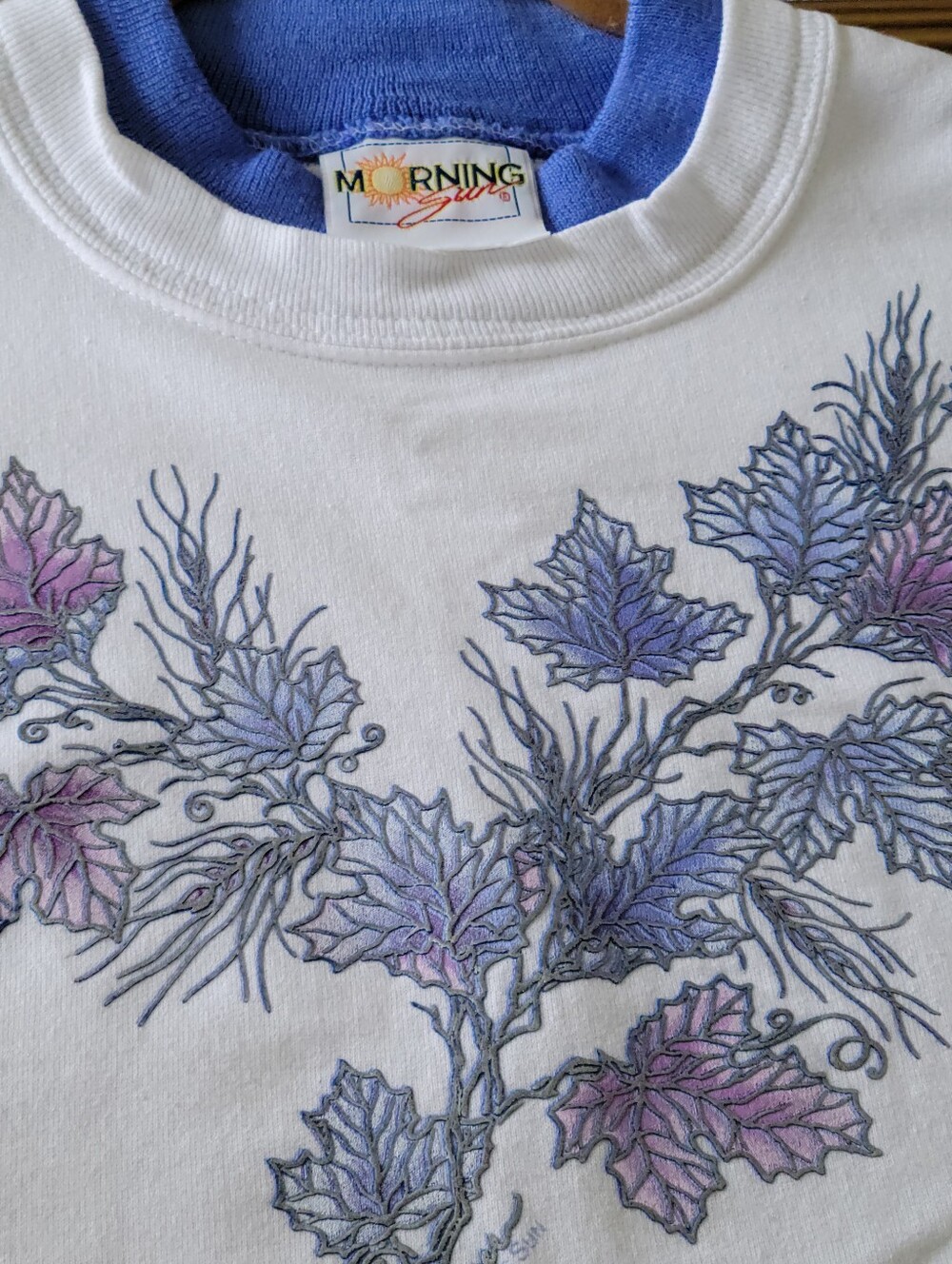 Vtg RARE Morning Sun HANES  Sweatshirt XL White/Blue/Lavender Leaf Puffy Outline